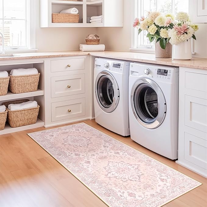 Area Rugs 2'x5' Runner Rug Non Slip Washable for Kitchen Hallway Bedroom Beside Laundry Room Bathroom Rug, Floor Carpet, Pink Greypink Cute