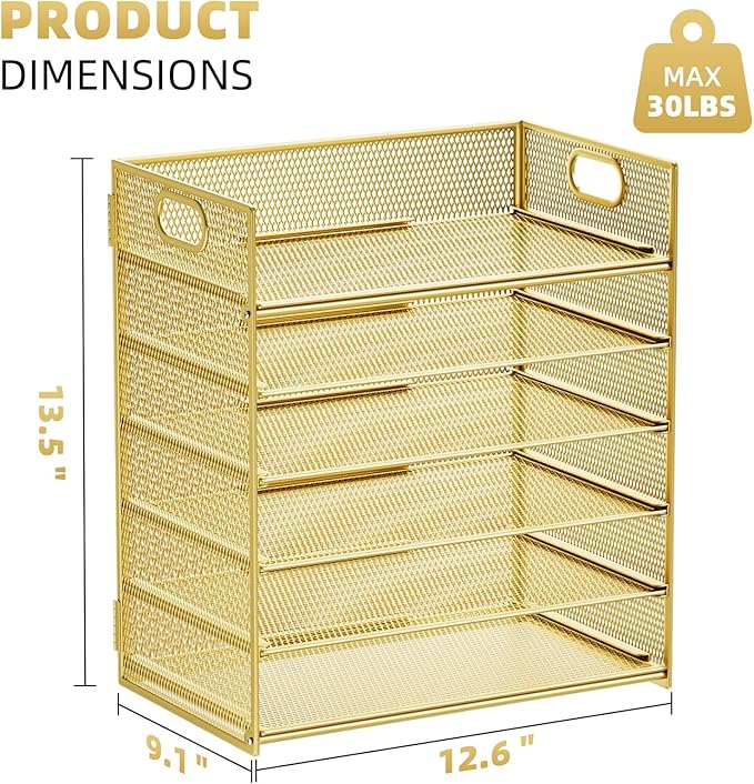 Marbrasse Paper Letter Tray Organizer - 6 Tier Mesh File Organizer with Handle, Paper Sorter Organizer for Letter/A4 Office File Folder Holder - Gold