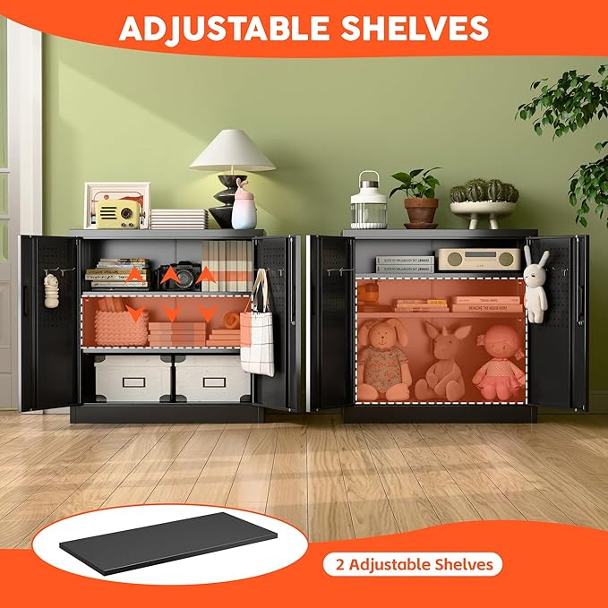 Aobabo 31.5" H Garage Storage Cabinet with 2 Shelves, Metal Cabinet with Lock and 4 Hooks for Home Office Garage, Black, Assembly Required
