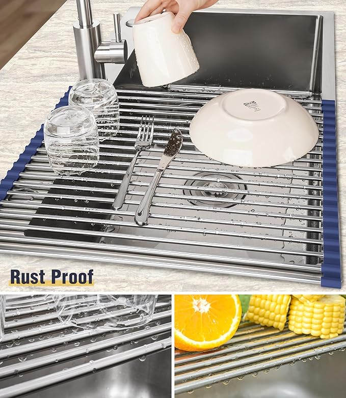 Tomorotec 21" x 15.5" Roll Up Dish Drying Rack Over Sink Drying Rack Sink Cover Kitchen Sink Accessories Gadget Multipurpose Organizer Foldable Stainless Steel Drainer
