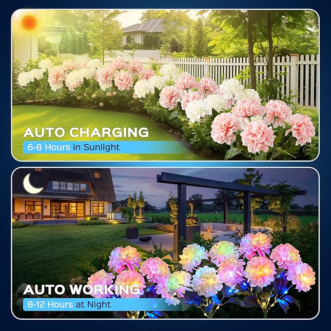 6 Pack Solar Garden Lights Outdoor, LED Colorful Waterproof Solar Powered Hydrangea Flowers Landscape Lights for Patio, Outside Yard, Pathway Decorative, Décor, Two Lighting Modes