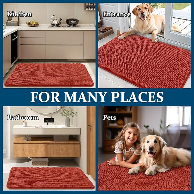 OLANLY Dog Door Mat for Muddy Paws 30x17, Absorbs Moisture and Dirt, Absorbent Non-Slip Washable Doormat, Quick Dry Chenille Mud Mat for Dogs, Entry Indoor Entryway Carpet for Inside Floor, Maple Red
