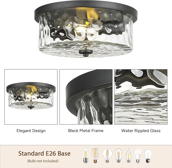 Modern Flush Mount Light, Farmhouse Close to Ceiling Lighting, Hammered Glass Light for Bedroom, Living Room, Kitchen Island (Black, 13" D)