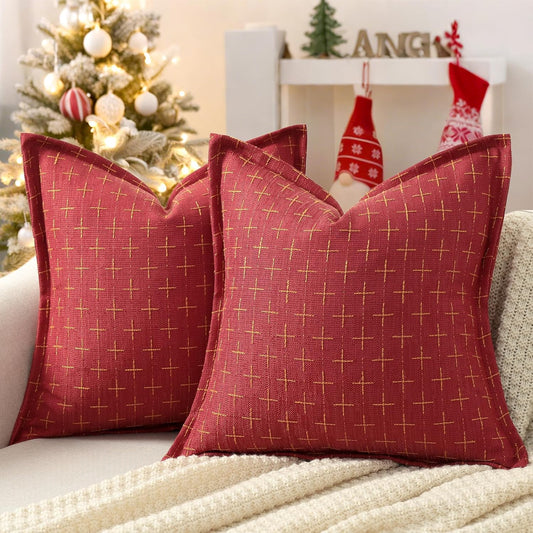 ZWJD Christmas Pillow Covers 18x18 Set of 2 Soft Polyester Textured Pillows with Stylish Flange Edge Cozy Farmhouse Christmas Decor for Couch Bed Sofa Living Room (Red)