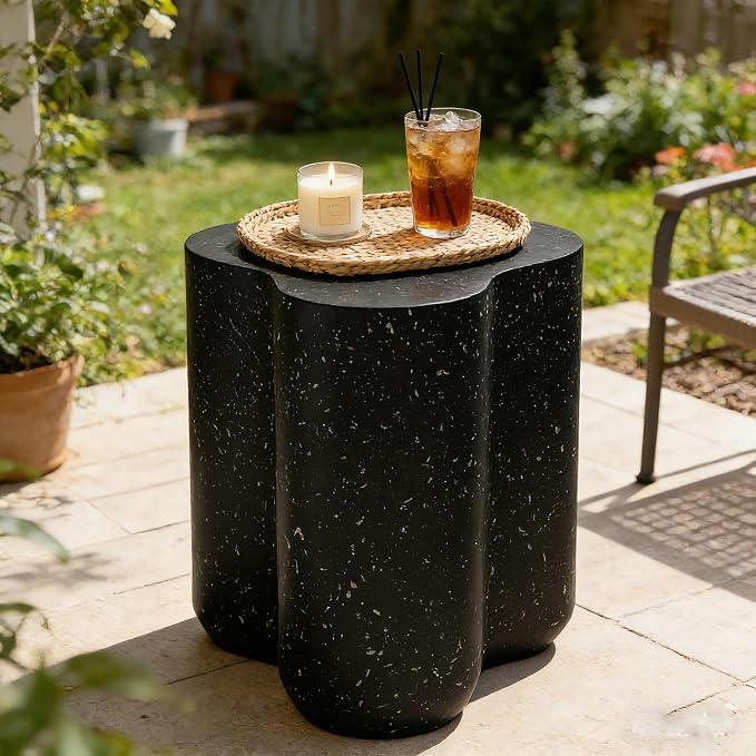 18" Modern Outdoor Side Table, Durable Lightweight MGO Faux Terrazzo Patio Accent Table, Black Coffee Table, 3-in-1 Weatherproof End Table Garden Stool for Garden, Balcony, Poolside Decor