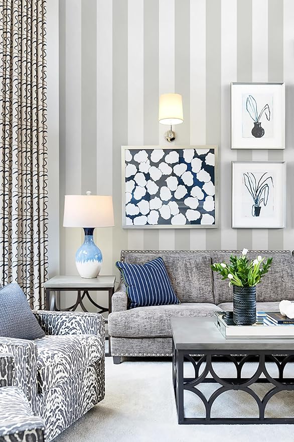 Guvana 17.7"x472" Grey and White Peel and Stick Wallpaper Striped Contact Paper