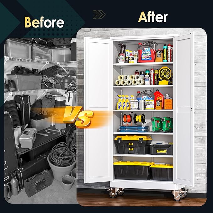 75''H Metal Garage Storage Cabinet with Wheels,Steel File Cabinets with 2 Doors and 5 Adjustable Shelves for Home Office, Warehouse, Required Assembly,White