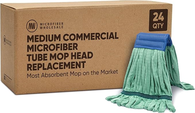 Bulk Commercial Mop Head Replacement (24 Count) - Medium Microfiber Tube Mop (14 oz.) | Industrial Wet Mops | Refill, Machine Washable, Heavy Duty | Hardwood, Tile, Laminate, Vinyl Floors (Green)