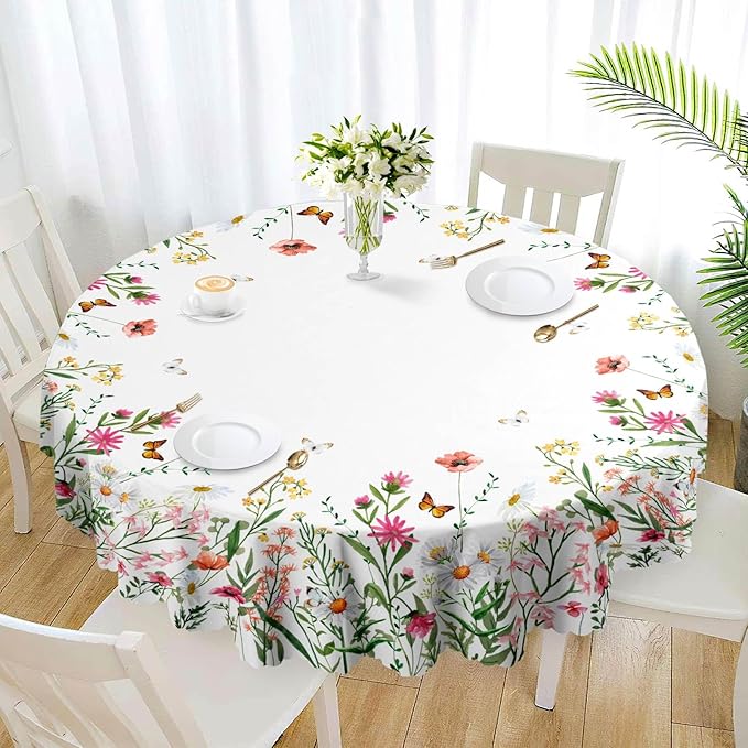 Eikione Round Tablecloth Floral Table Cloth, Colorful Tablecloths Polyester Waterproof Stain Wrinkle Free, Circle Tablecloth Indoor and Outdoor Table Cover for Home
