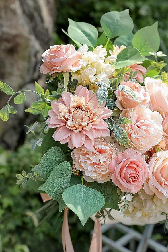 YYHUAWU Artificial Flowers Combo Box Set Gradient Color Flower Leaf with Stems for DIY Wedding Bouquets Centerpieces Baby Shower Party Home Decorations Peach