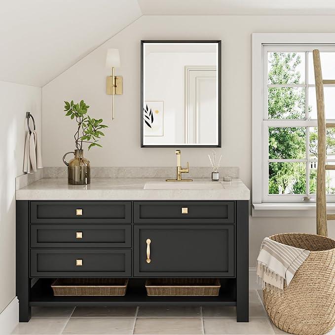 Black Framed Mirror for Bathroom, 24x32 Inch Black Rectangle Beveled Bathroom