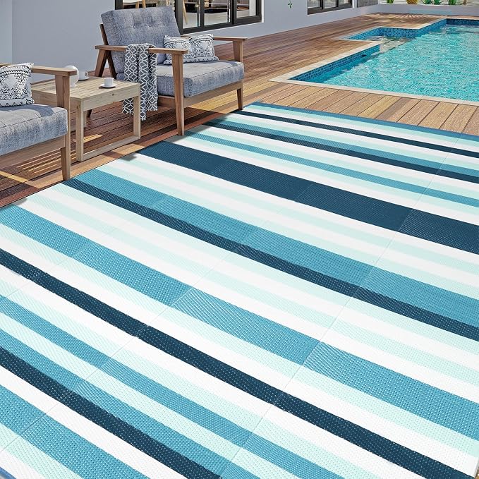 HUGEAR Outdoor Plastic Straw Rug, Waterproof Mat, Washable Large Floor Mat and Rug for Outdoors, RV, Beach, Patio, Camping, Backyard, Deck, Picnic, Indoor Outside (5x8ft,Stripe/Turquoise&White)