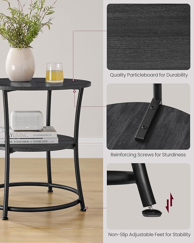 VASAGLE 21.7-Inch Round Side Table, 2-Tier End Table, Nightstand with Steel Frame, Spacious Top, for Small Spaces, Living Room, Bedroom, Charcoal Gray and Ink Black ULET056B22