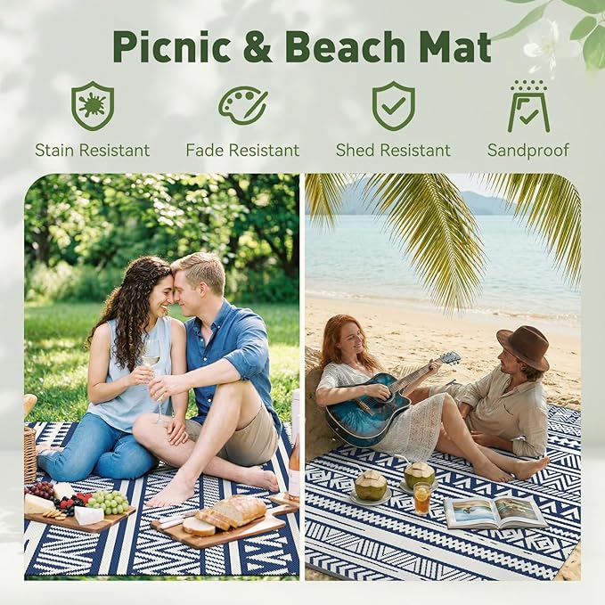 MontVoo Outdoor Rug Carpet Waterproof 6x9 Outdoor Patio Rug Mat Reverisble Plastic Straw Outdoor Rug for RV Camping Picnic Beach Balcony Boho Navy Blue