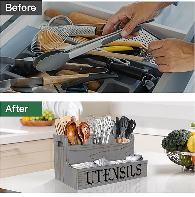 Suli Kitchen Utensils Holder, White Wooden Utensil Organizer for Kitchen Countertop, Farmhouse Utensil Storage, Rustic Cooking Utensils ,4 Compartments,- Grey Grain