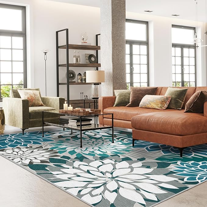 Colorful 9x12 Outdoor Area Rug Washable Multicolored Patio Rug Tropical Botanical Floral Chenille Waterproof Outdoor Carpet Non-Slip for Deck, Backyard, Porch, Teal