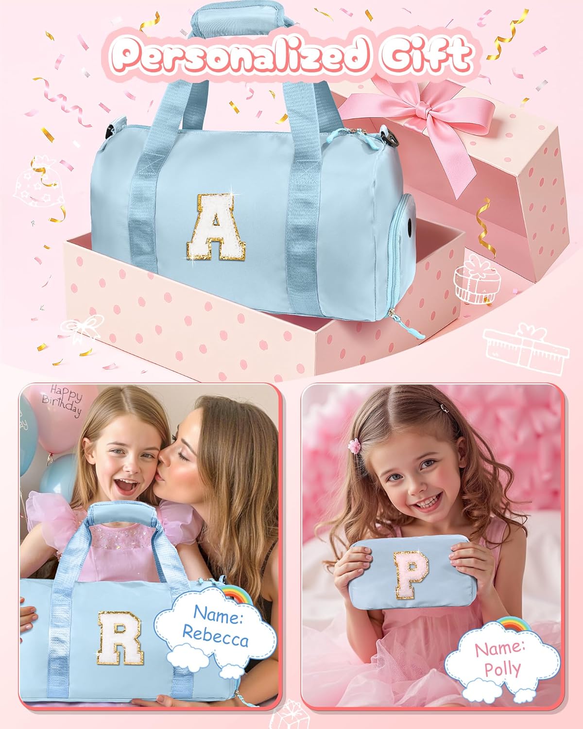 Skiennix Girl Gym Bag - Personalized Weekender Tote with Shoe Compartment & Makeup Pouch (Letter D)