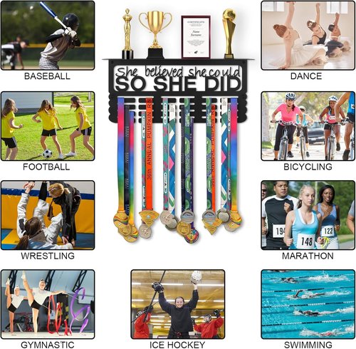 Medal Hanger Display with Trophy Shelf, Upgraded Sports Medal Holder Trophy Display Shelf Ribbon Holder Simple Wall Hanger (SHE BELIEVED SHE COULD SO SHE DID)