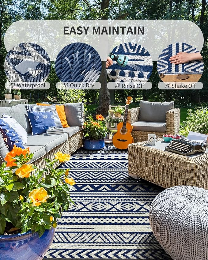 MontVoo-Outdoor Rug Carpet Waterproof 5x8 ft Reversible Patio Rug RV Camping Rug-Plastic Straw Rug Outside Indoor Outdoor Area Rug for Patio Deck Balcony Picnic Beach Outdoor Decor Boho Navy Blue