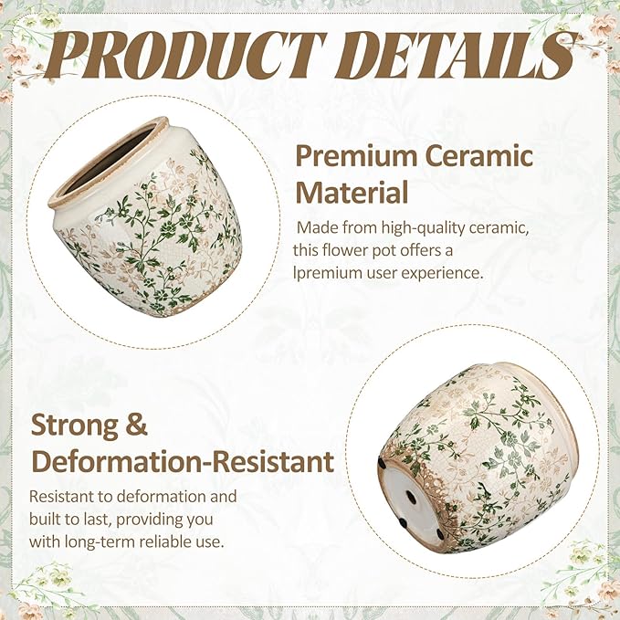 LemonRoad 7 Inch Large Vintage Ceramic Planter with Drainage Holes Ice Crackle Flower Vase Flower Pot with Rustic Greenery Pattern for Indoor Outdoor Plants Garden Home Kitchen Office Shelf Decor