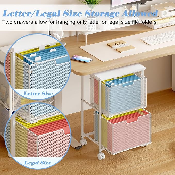 Letter/Legal Rolling File Cabinet, Rolling File Cart with 2 Drawers Filing Cabinet for Home Office, Hanging File Folders Organizer for Under Desk Storage, Mobile Printer Stand, White