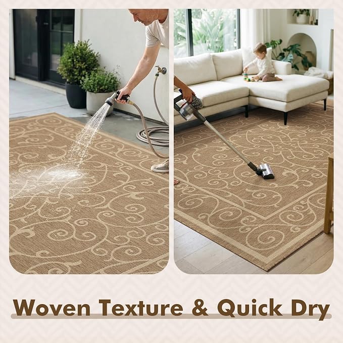 MontVoo-Outdoor Rug-Patio Rug 6x9 ft Polypropylene Indoor Outdoor Rugs Outdoor Carpet for Patio Deck Balcony Porch, Textured Weave, Durable for High Traffic, Fade-Resistant, Vintage Neutral Brown