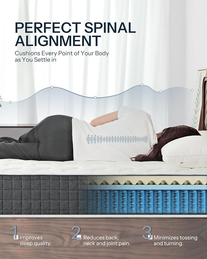 Life Balance Full Bed Mattress 12 Inch, Spinal Alignment Mattress with Individual Pocket Coils for Kids, CertiPUR-US Certified, Made in USA Full Size Mattresses in a Box, Medium Feel, CE-12-F