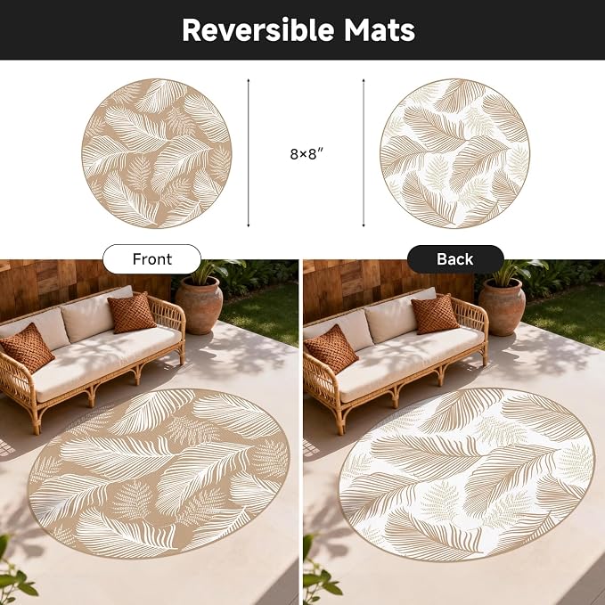 Pauwer Waterproof Outdoor Rug 8ft, Reversible Plastic Straw Patio Camping Rug, Indoor Outdoor RV Mat Carpet for Deck, Camper, Porch, Balcony, Backyard, Picnic, Leaf Brown
