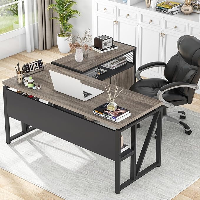 Tribesigns Grey Executive Desk with Cabinet, 55" L Shaped Computer Desk and lateral File Cabinet with Locks, 2 Piece Home Office Furniture Set for Hanging (Gray, 55 inches)