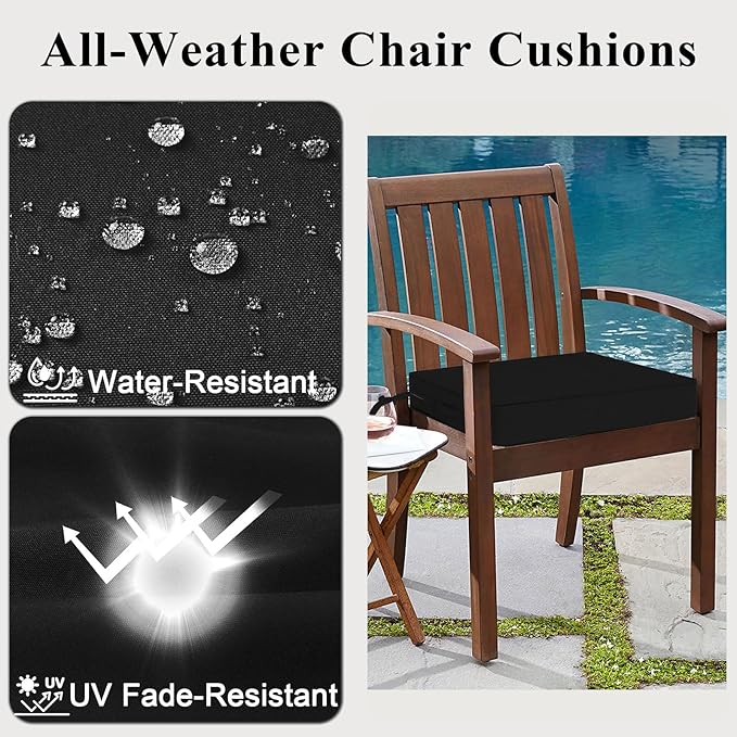 Outdoor Chair Cushions 19x19x4 Inch, Waterproof Black Patio Furniture Cushions Set of 2 with Ties & Handle, 3 Year Color Fastness Square Replacement Seat Cushions for Sofa, Couch