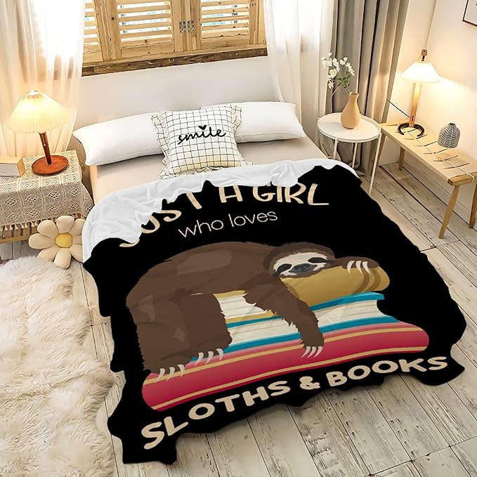 Just a Girl Who Loves Sloths and Books Blanket Lightweight Cozy Flannel Fleece Throw Blanket Best Gift Home Decor for Bed Couch Outdoor Camping 80"x60" Queen for Adults