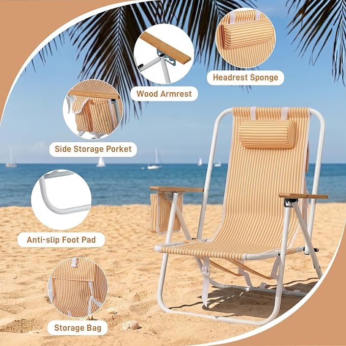 Outvita Folding Beach Chair, 4 Position Adjustable Reclining Lounge Chair with Padded Headrest, Large Rear & Side Storage Pockets, Lightweight Portable Outdoor Chair for Beach Pool Garden BBQ