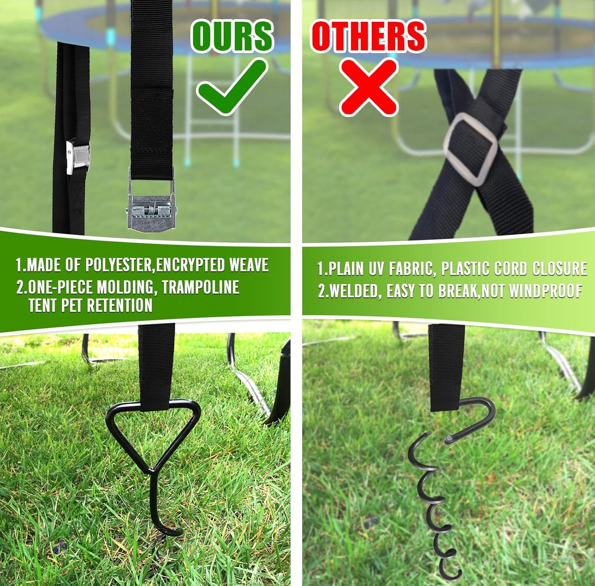 Trampoline Tie Down Anchor Kit by [Brand Name] - Heavy-Duty Steel Stakes for High Wind | Set of 4