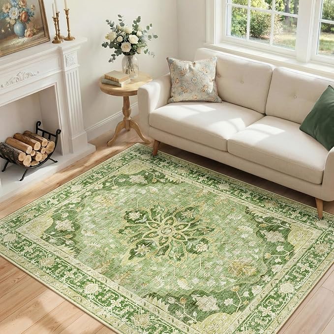 Area Rugs 4'x6' Washable Non-Slip, Floral Vintage Distress Print Pattern Medallion Carpet for Living Room Bedroom Dining Room, Sage Green Yellow