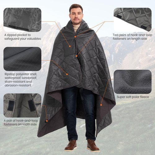 sheelokhwui 4-in-1 Large Outdoor Blanket - Waterproof & Windproof Thickened Warm Fleece Camping Blanket for Stadium, Hiking, Sporting Events - 81"x57", Packable (Dark Gray)