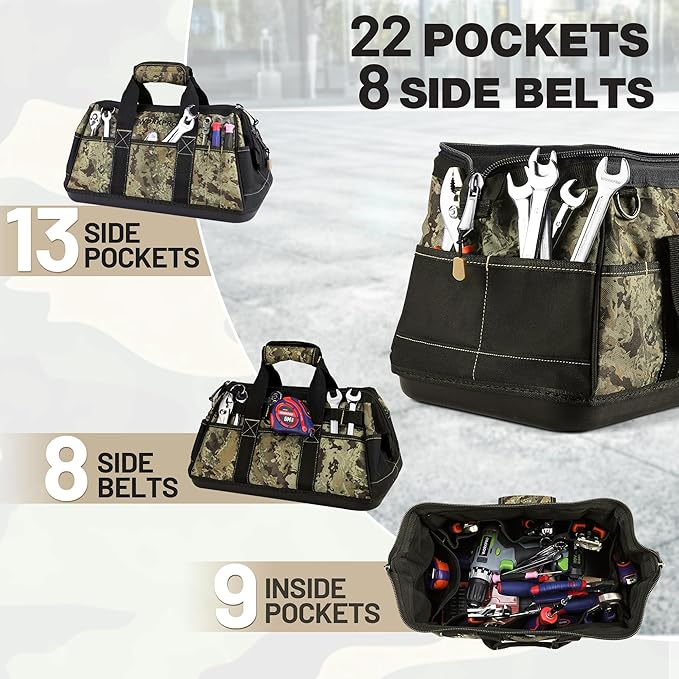 WORKPRO 16-Inch Wide Mouth Tool Bag, Multi-Pocket Tool Bags for Men with Adjustable Shoulder Strap, Waterproof Oxford Fabric and Sturdy Buttom