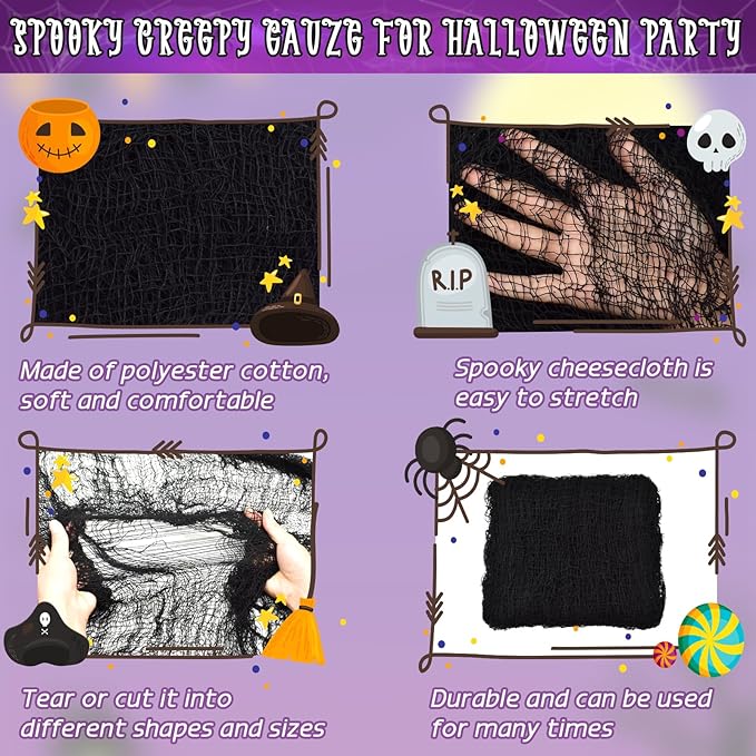 ZeeDix 9 Pack Halloween Creepy Cloth 30 x 75 Inch Spooky Scary Gauze Cloth Creepy Cheesecloth for Halloween Party Supplies Outdoor Yard Home Wall Doorways(Black, White, Purple)