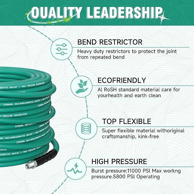 50FT Sewer Jetter Kit for Pressure Washer,1/4‘’NPT Drain Cleaner Hose 5800PSI, with Adapter Corner Rotating Button Nose Sewer Jetting Nozzles Kit Pearl Corsage Pin Spanner Waterproof Tape