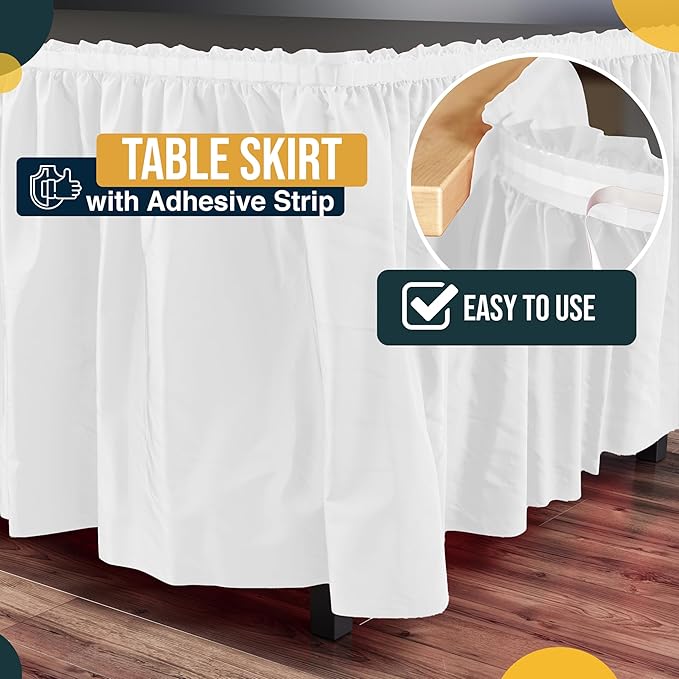 Exquisite Ruffle Table Skirt White Pack Of 6, 14 Ft Long Table Skirts for Rectangle Tables 6ft Plus or Round Tables Skirts with Adhesive Strip for Gender Reveal Decor & Happy Birthday Parties