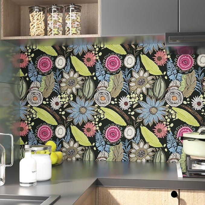 Dark Green Wallpaper Peel and Stick, Boho Vintage Floral Contact Paper