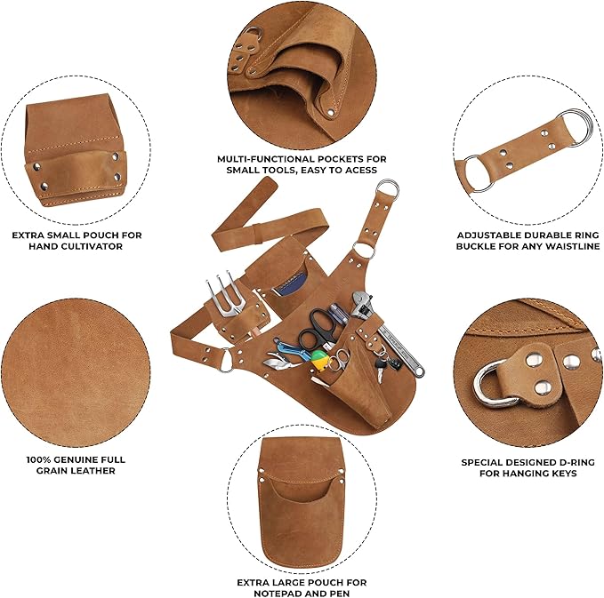 Leather Garden Tool Belt for Men Women | Gardening Tool Pouch | Gardener Apron | Holster Pouch | Tool Belt Bag Organizers | Florist Belt, Electrician, Carpenter, Framer, Landscaper
