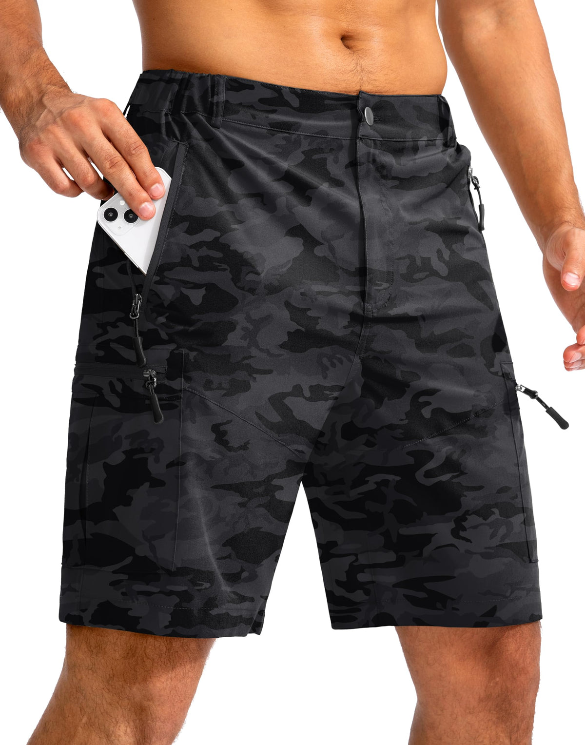 Pudolla Men's Hiking Cargo Shorts 9" Lightweight Outdoor Work Shorts for Men Travel Golf Camping Casual with 5 Zipper Pockets(Black Camo Large)
