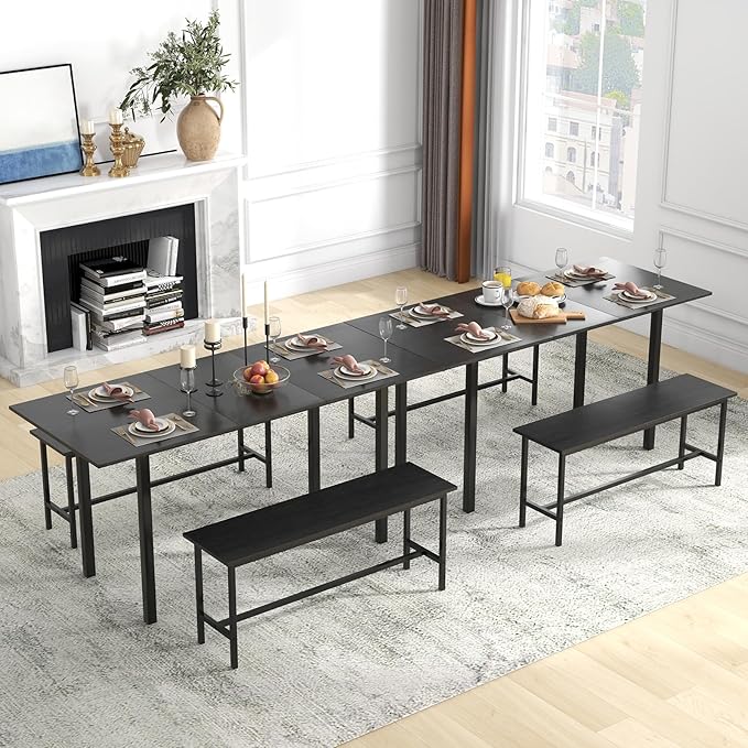 Giantex Dining Room Table Set for 4-6, 63” Extendable 3-Piece Dining Table Set with 2 Benches, Metal Frame, Dinette Table Set for Breakfast Nook, Kitchen Table Chairs (Black)