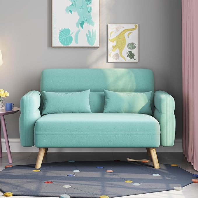 Yaheetech 46" Small Modern Fabric Sofa Loveseat Mid Century 2 Seater Sofa Couch with Lumbar Pillows, Solid Wood Legs for Living Room, Small Space, Dorm, Office, Bedroom, Aquamarine