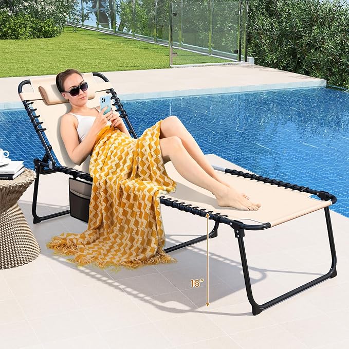 Goplus Extra Large Lounge Chair Outdoor, 27” Wide Folding 5-Position Tanning Chair with Detachable Pillow, Side Pocket, 16” High Chaise Lounger, 440LBS Capacity, Patio Lounge Chair for Yard Pool Yard