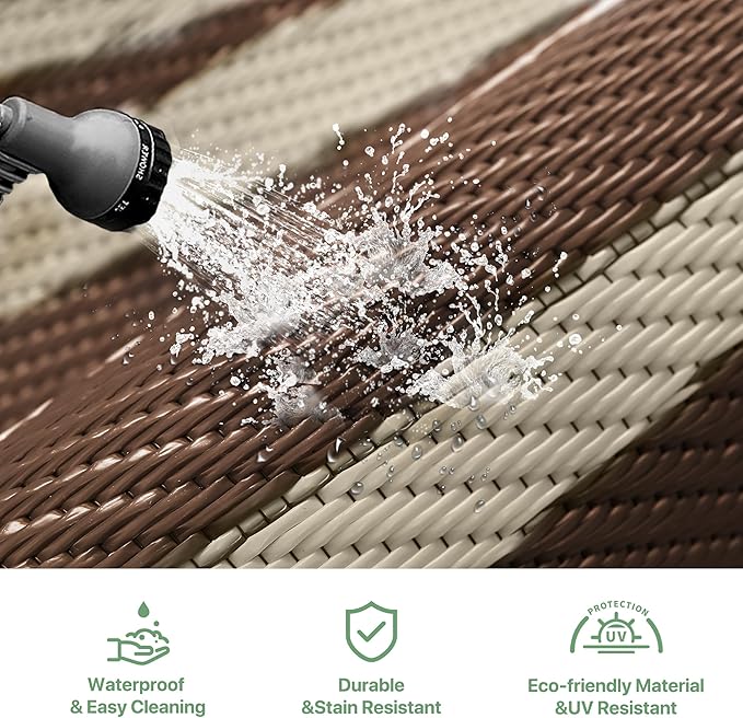 GENIMO Outdoor Rug Waterproof for Patio, 8'x10' Foldable Reversible Plastic Straw Carpet for Travel Trailers, Outside Area Mat for Rv, Deck, Picnic, Porch, Camper, Balcony, Beach, Coffee & Beige