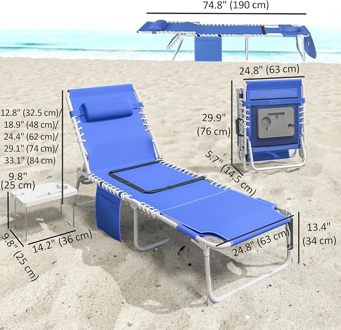 Outsunny Tanning Chair with Face Hole, Side Table, 5-Position Reclining Folding Chaise Lounge Chair Outdoor Lounger Recliner, Carry Straps for Beach Pool Camp, Breathable Mesh, Navy Blue