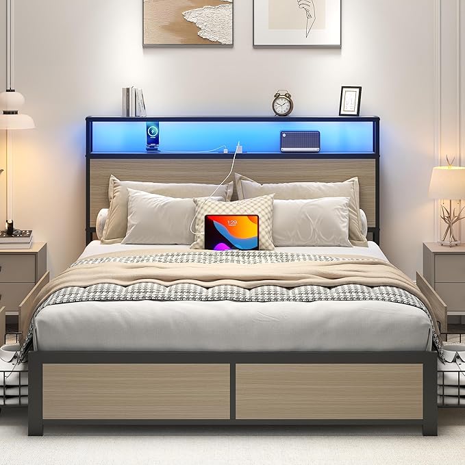 Lifezone Full Bed Frame with 2-Tier Storage Headboard, Metal Platform Bed Frame with 4 Storage Drawers, Built in Charging Station & LED, Noise-Free/Metal Support/No Box Spring Needed, Beige