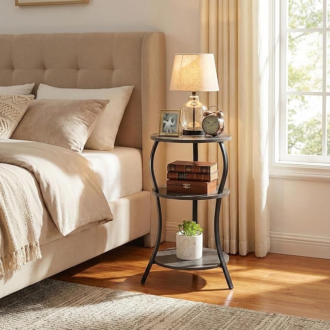Vintage Small Round Side Table, 3-Tier Slim Waist Circular End Table with Storage Shelf, Compact Tea Sofa Side Table, Round Corner Coffee Table Nightstand for Living Room Bedroom Small Spaces,Grey