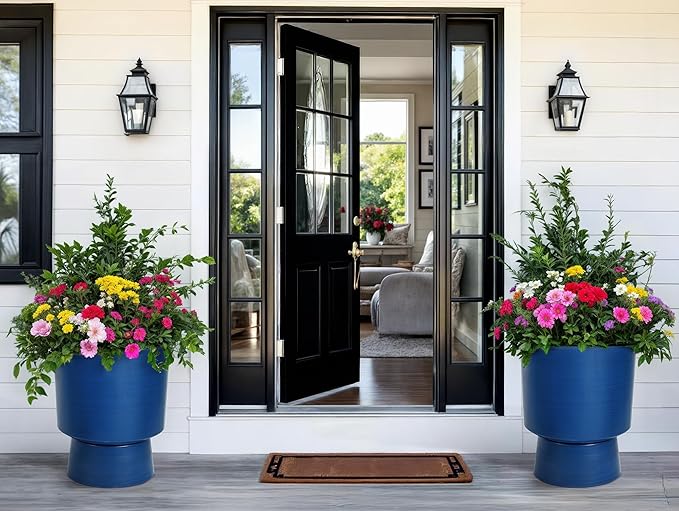 16.8" 2-Pack Urn Planters for Outdoor Indoor Plants, Modern 2-in-1 Large Flower Pots with Detachable Base, Drainage Holes, Weather-Resistant for Garden Patio Home Office Decor, Brushed Blue